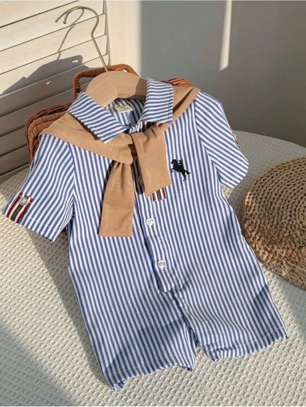 SHEIN Blue & White Striped Polo Romper with Tan Sweater Detail